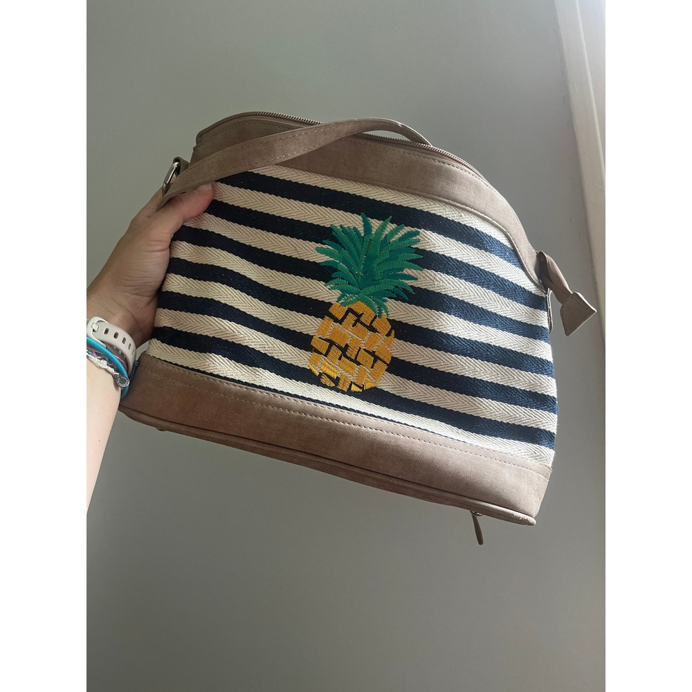 Striped Pineapple Canvas Shoulder Bag Coastal Chic Purse Navy White Tan Nautical